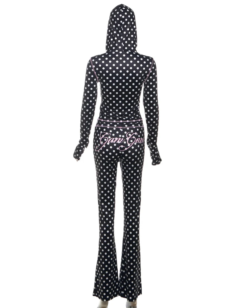 Weird Puss Polka Dot Letter Print 2 Piece Set Woman Tracksuit Trend Sexy Hooded Jacket+Pants Skinny Stretch Matching Streetwear