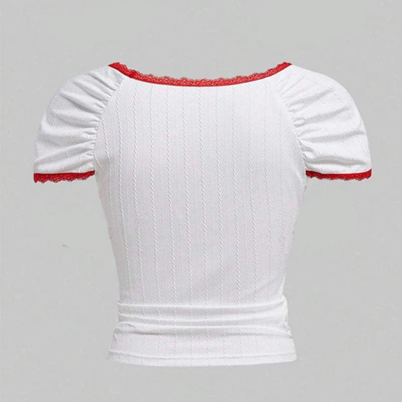Y2k Sweet Cute Lace Trim Short Sleeve Women's Crop Top Korean Style Aesthetic Slim T-shirt Cherry Printed Basic Baby Tees
