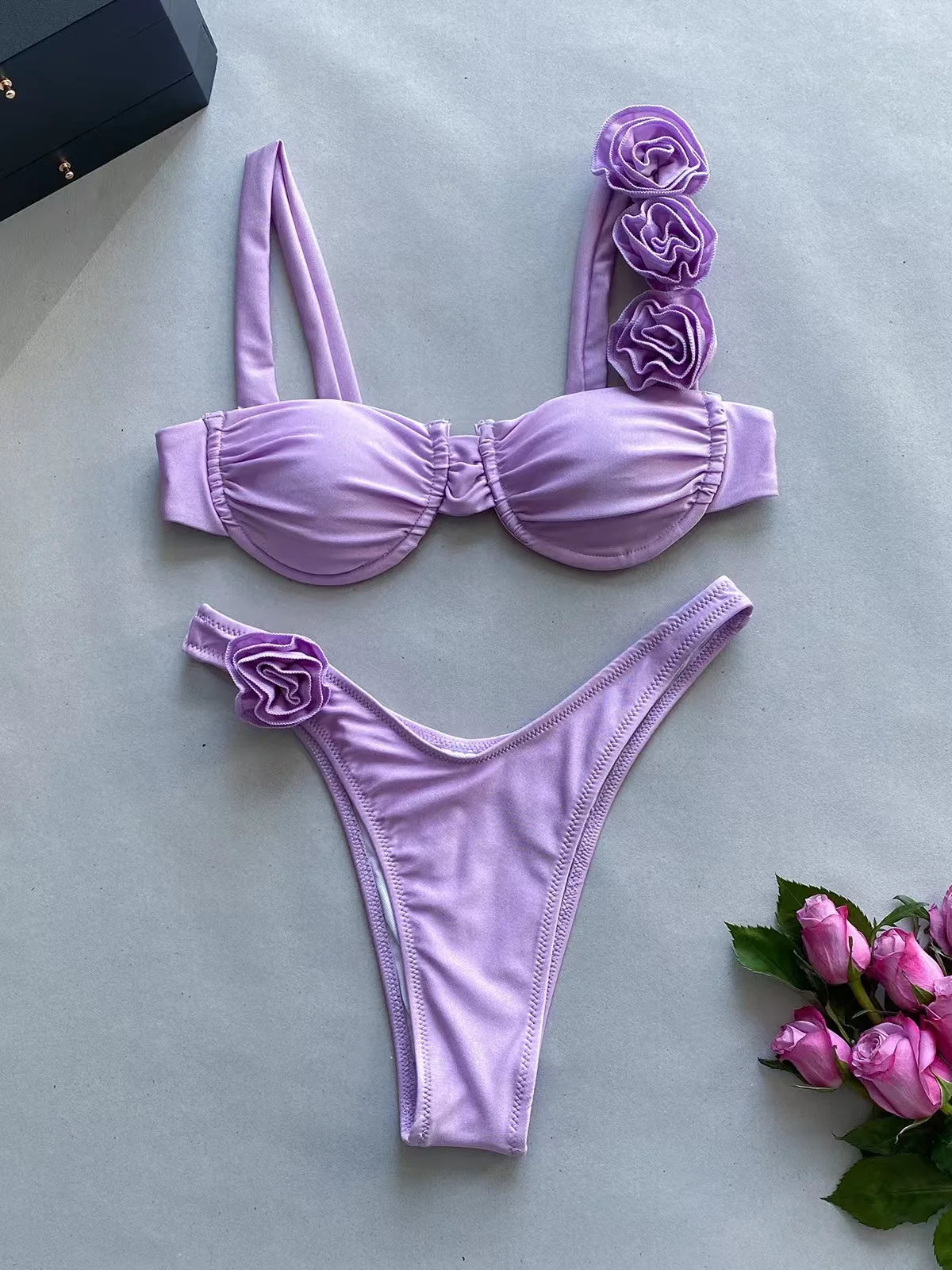 Sexy Solid Backless Floral Bikini  Set Women Split Swimsuit High Waist Beach Bikini 2025 New Summer Swimwea Bikinis Set