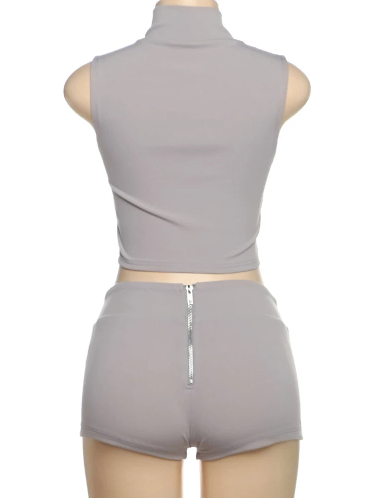 Weird Puss Lines Patchwork 2 Piece Set Women Zipper Cardigan Irregular Crop Top+Skinny Peach Hip Shorts Simple Sporty Streetweas