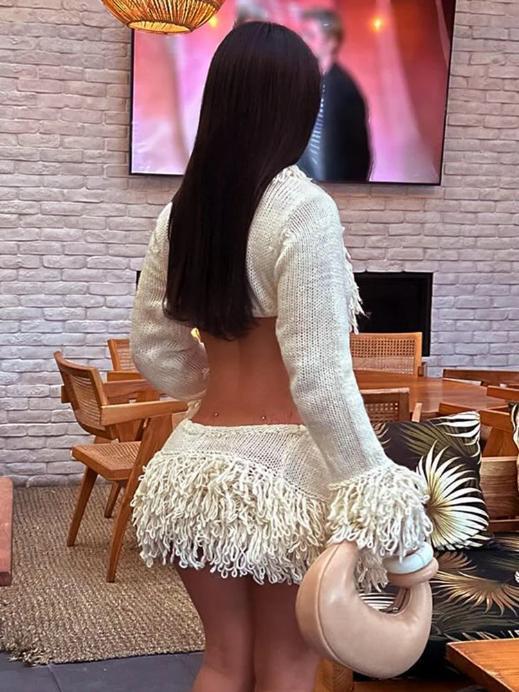 Weird Puss Crochet Tassel 2 Piece Set Women  Lace-Up Cardigan Full Sleeve Crop Tops+Irregular Slits Mini Skirt Sexy Hipster Suit