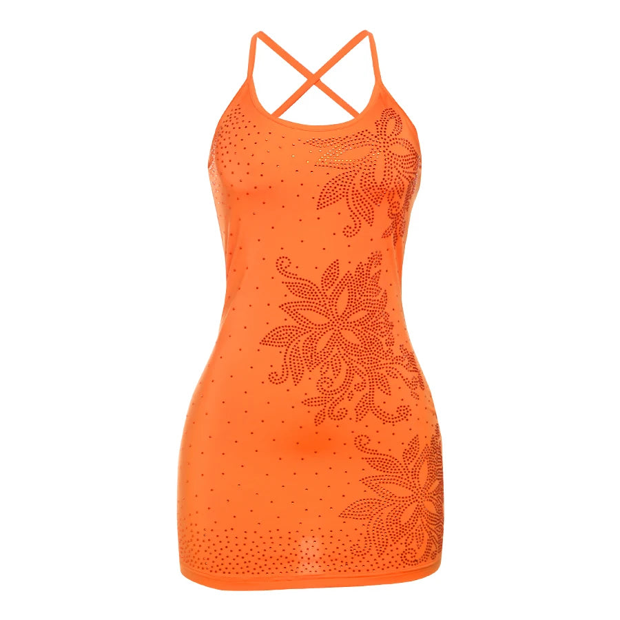 Weird Puss Flower Rhinestones Sexy Low-Neck Dress Women Cross Bandage Backless Fashion Vacation Beach Party Style Mini Bodycon