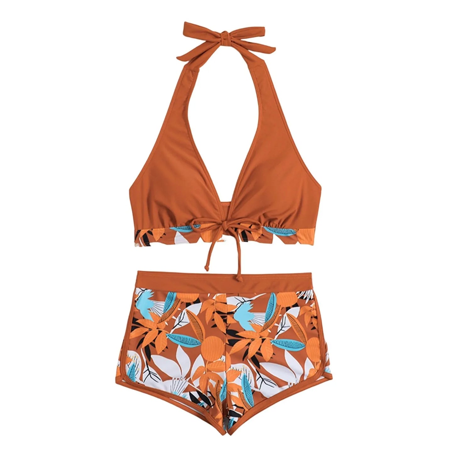 Shorts Bikinis Set  High Waist Swimsuit Women Swimwear  Plant Print Bathers Bathing Swim Suit Beachwear
