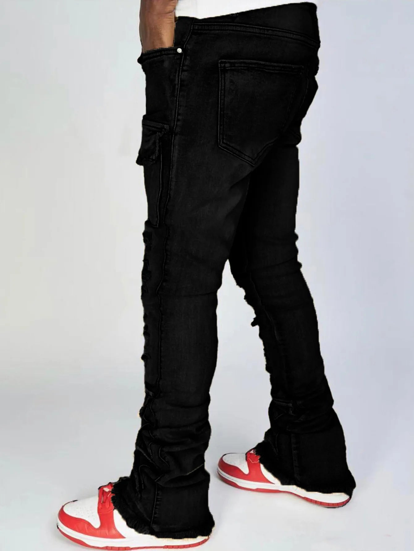 Jeans Long Pant Denim Flare Pants Hole Straight Trousers Slim Fit High Waist Casual Button Pocket Splice Autumn Winter, men's jeans