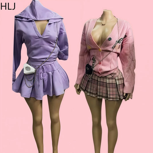 HLJ&GG Winter Embroidery Knit Sweater Coats Two Piece Sets Women Button Long Sleeve Top And Plaid Aline Skirts Outfit Streetwear