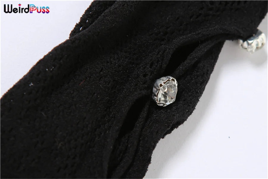 Weird Puss See Through Romper Women Sexy  Hollow Rhinestones Long Sleeve Skinny Irregular Off Shoulder Body-Shaping Playsuits