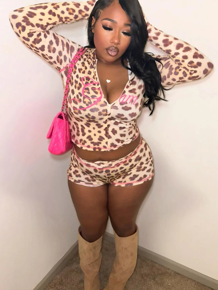 Weird Puss Letter Print Women Tracksuit 2Piece Set Leopard Zip Hooded Jacket+Biker Shorts Matching Street Stretch Activity Suits