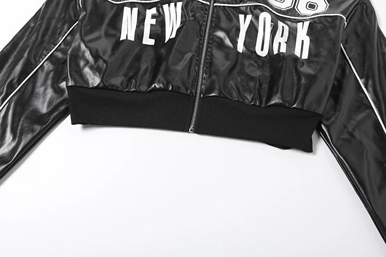 Weird Puss PU Jacket Women Letter Print Patchwork Uniform Hipster Button Zip Trend Sporty Street Varsity Casual Fall Crop Coat