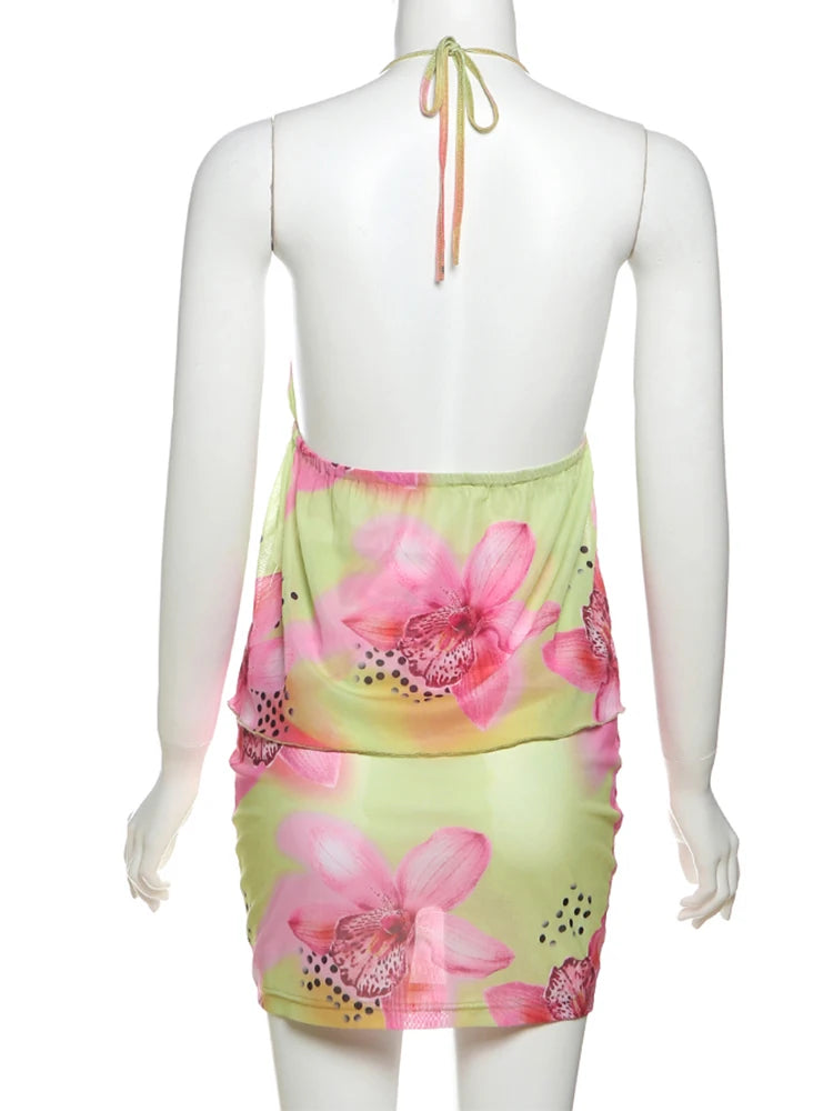 Weird Puss Flower Print Fashion 2 Piece Set Women Halter Lace-Up Backless Ruched Camisole+Skinny Skirt Vacation Beach Party Suit