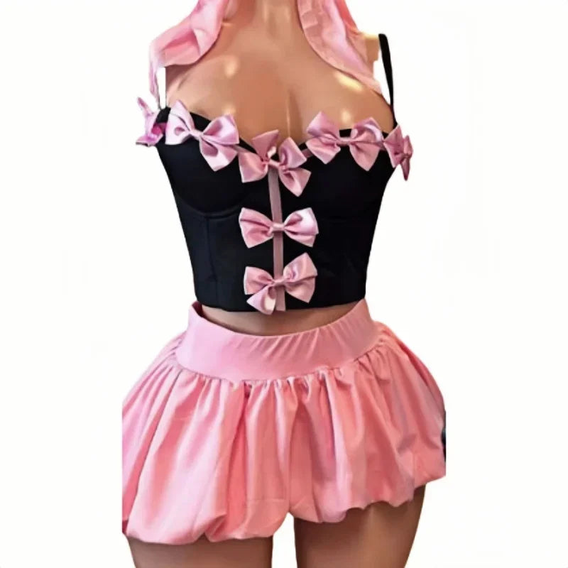 Sweet Bow Fashion, Two Piece Sets Women Thin Strap Slim Tank Top + Puffy Mini Skirts Outfits Female Streetwear