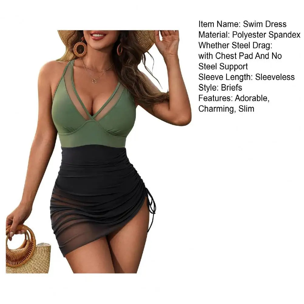 Women's Swimsuit Solid Color V Neck Tummy Control Swimwear Sexy Mesh Sheer Wrap Bathing Suit For Beach Vacation
