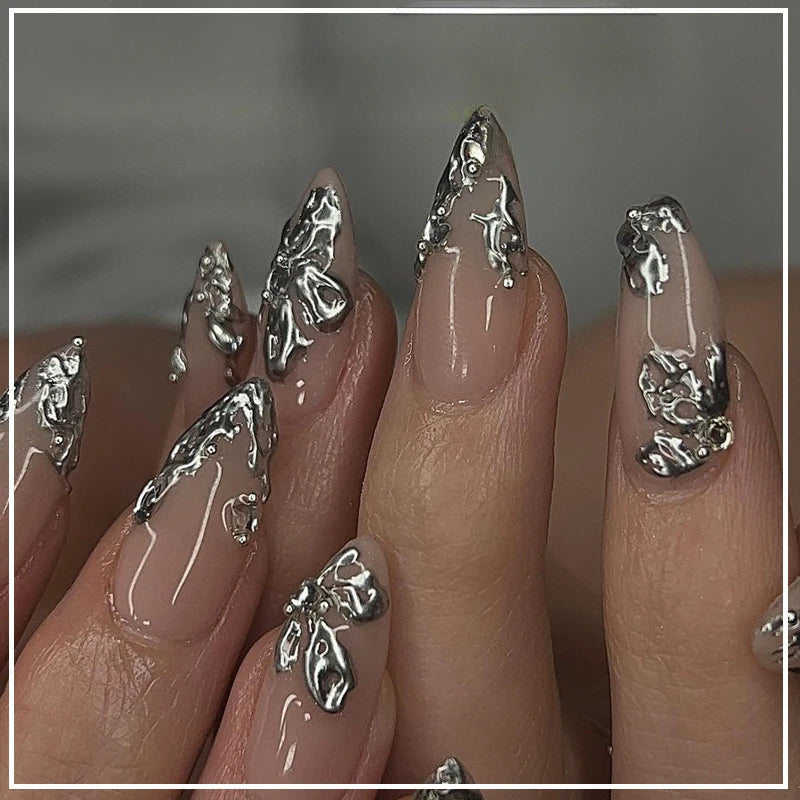 24pcs French Almond Press on Nails Leopard Print False Nails 3D Bow Wearable Stick-on Nails Fake Nail Uñas Накладные Ногти 네일팁