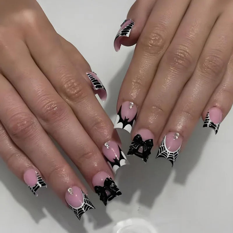 24Pcs Pink French Style Fake Nails 3D Bowknot Designs Short Square Press on Nails Sweet Korean Fashion False Nail for Women Girl