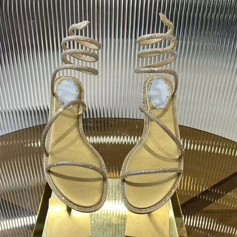 2025 Fashion Women Summer Gladiator Sandals Flat Heels Twine Around Ankle Strap Gladiator Sandal Wedding Beach Slides Rhinestone