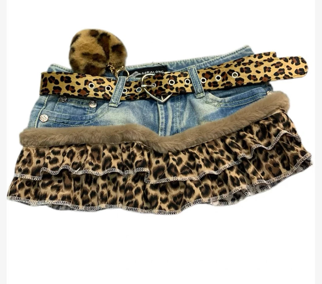 Harajuku Subculture jeans  Leopard Print Splicing Y2k Skirt Kawaii Gothic Mini Pleated Skirt Casual Retro Streetwear Skirts Women