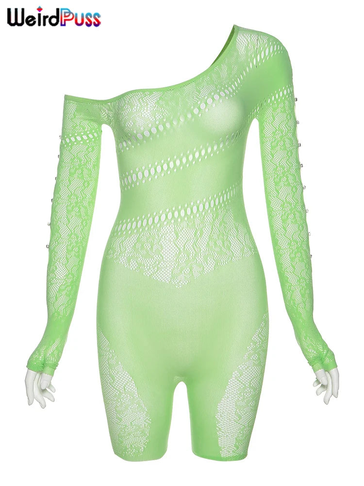 Weird Puss See Through Romper Women Sexy  Hollow Rhinestones Long Sleeve Skinny Irregular Off Shoulder Body-Shaping Playsuits