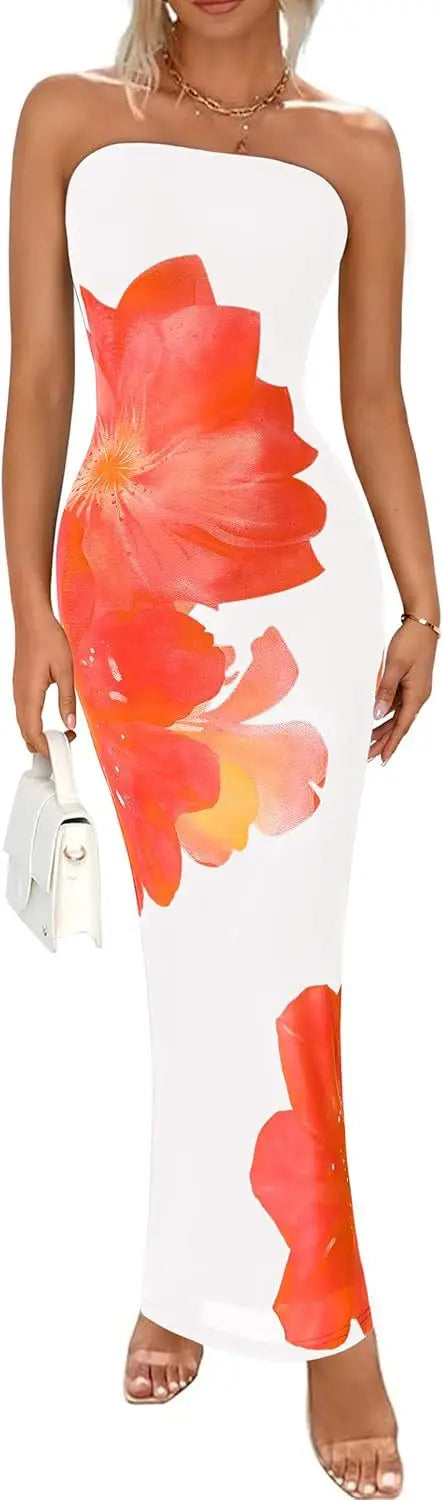 HLJ&GG Sexy Flowers Printing Bodycon Maxi Dresses Women Off Shoulder Sleeveless Backless Slim Vestidos Fashion Streetwear 2025