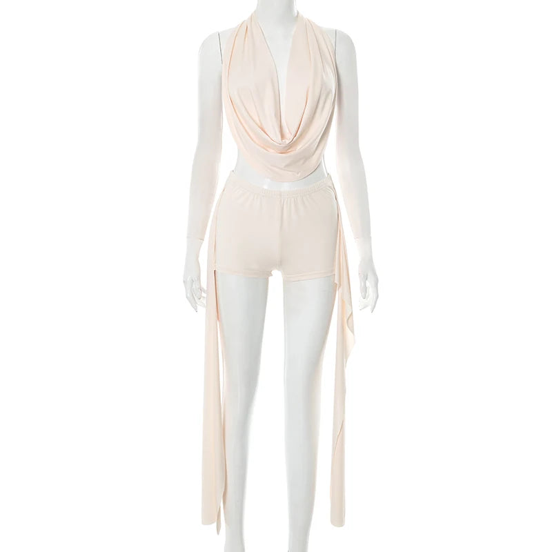 Weird Puss Elegant Women 2 Piece Set Halter Swing Collar Backless Sexy Tank Tops+Side Tassel Shorts Matching Clubwear Outfits