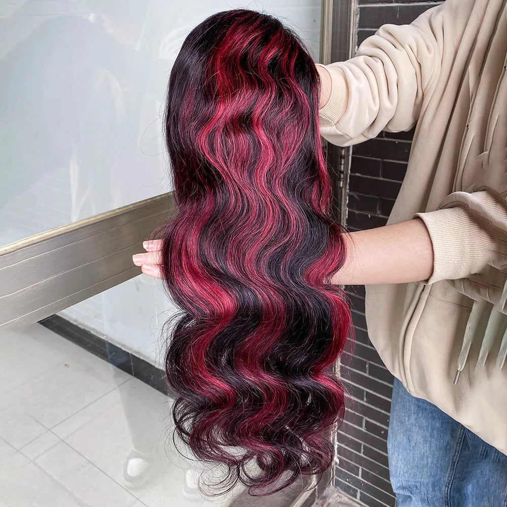 Omber Black With Red Colored Wigs Highlight Lace Front Wigs Human Hair Body Wave Brazilian 5x5 Hd Lace Frontal Glueless Wigs