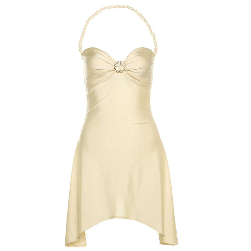 Weird Puss Shell Metal Satin Dress Women Y2K Plait Halter Sexy Low-Neck Irregular Backless Sleeveless Ruched Summer Mini Bodycon