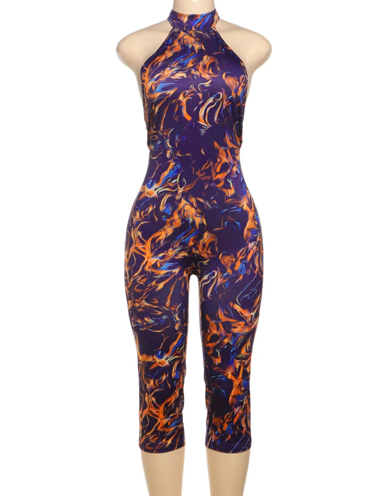 Weird Puss Colorful Print Romper Women Halter Bandage Summer Sexy Hipster Backless Activity Workout Fit Tight Stretch Playsuits