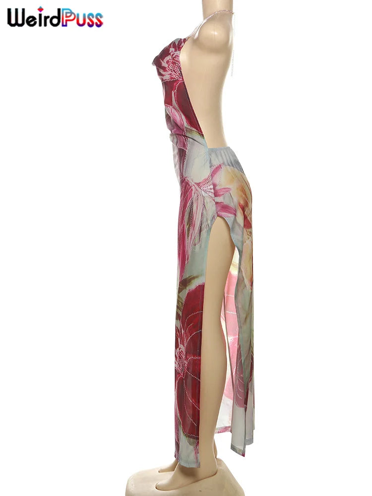 Weird Puss Bead Chain Halter Dress Y2K Floral Print Elegant Sexy Swing Collar Backless Birthday Midnight Party Split Maxi Bodyco