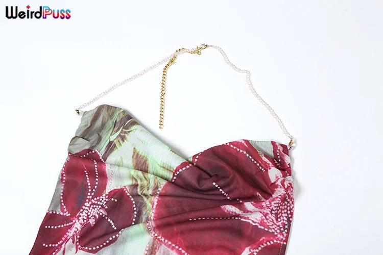 Weird Puss Bead Chain Halter Dress Y2K Floral Print Elegant Sexy Swing Collar Backless Birthday Midnight Party Split Maxi Bodyco