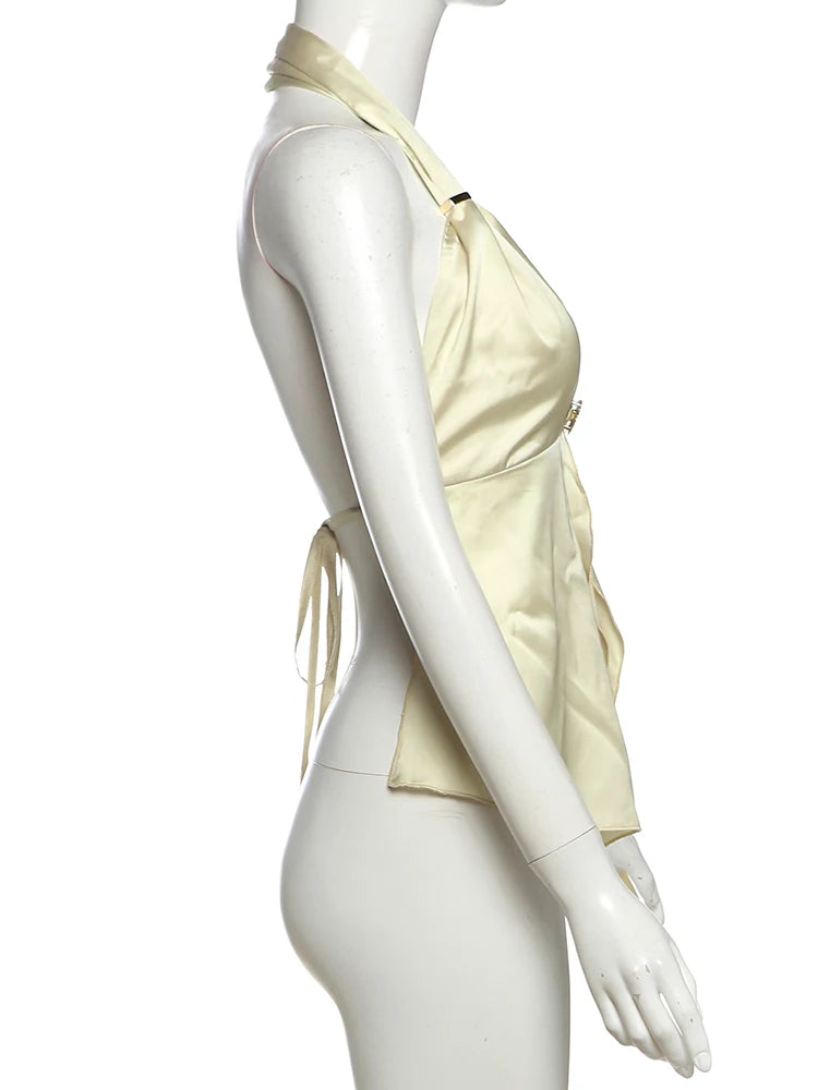 Weird Puss Metal Shell Clasp Tank Tops Women Y2K Halter Backless Sleeveless Summer Trendbeach Party Midnight Wild Vacation Vest
