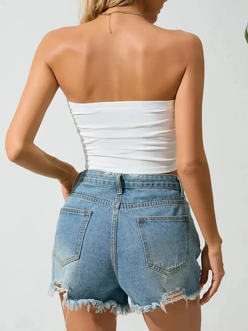 Europeans And Americans Solid Color Strapless, Off-the-shoulder Short Bodice Women's Backless Short Boat Neck Cami Tank Top