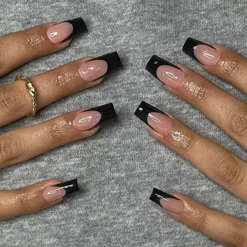 24Pcs Shimmery Long Coffin False Nails with Glue Ballerina Nail Design Sweet Fashion French Press on Acrylic Nails Tips