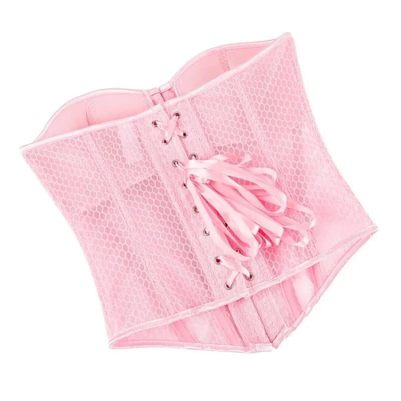 Women Lace Up Sexy Transparent Mesh Boned Corset Overbust Bustier Lingerie Bodyshaper Top Corsets Top