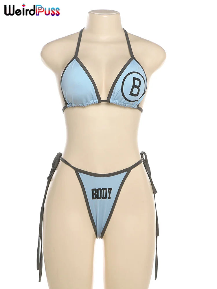 Weird Puss Letter Print 3Piece Set Women Sexy Summer Beach Vacation Bra+Bandage Briefs+Skirts Hipster Midnight Matching Clubwear