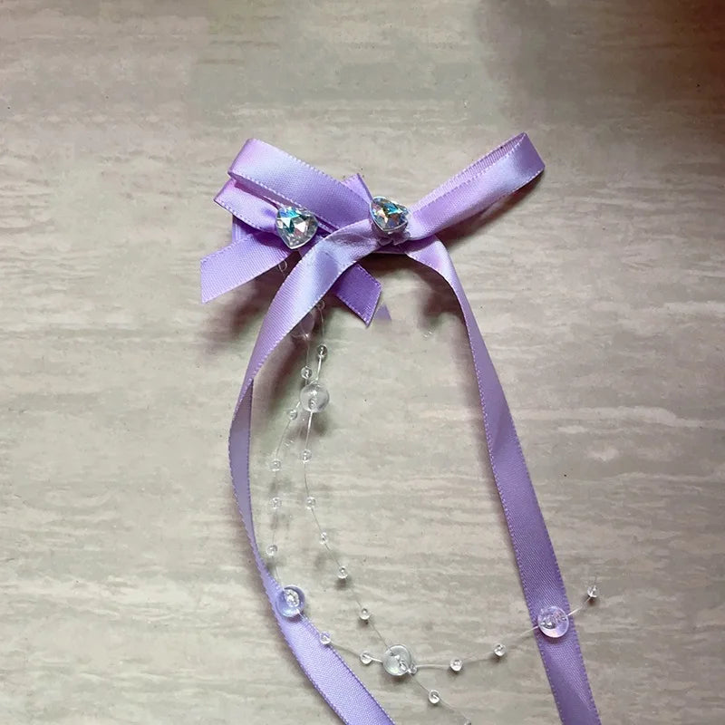 Ribbon Glass Beaded Bow Tassel Hair Clip Women Korean Y2K Fashion Solid Color Hairpin Girls Party Headwear Side Clips