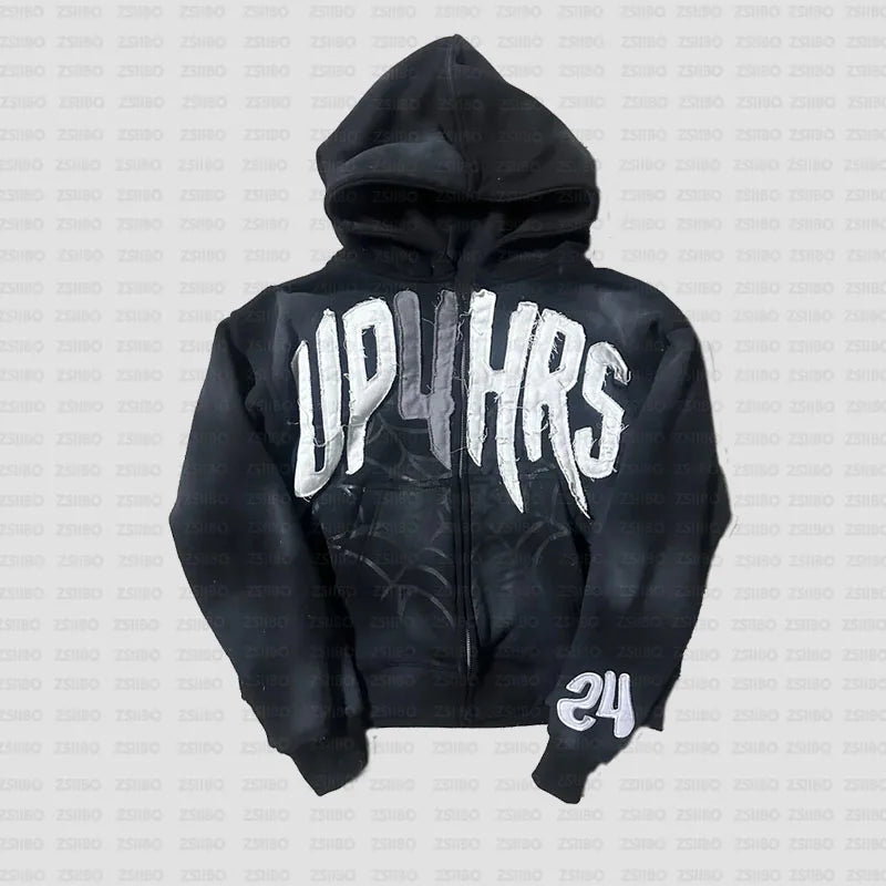 Retro Patch Spider Web Print Zipper Hoodie Y2K Sweatshirt Mens Hip Hop Letter Oversized Hoodie Jacket Clothes Streetwear Jacket