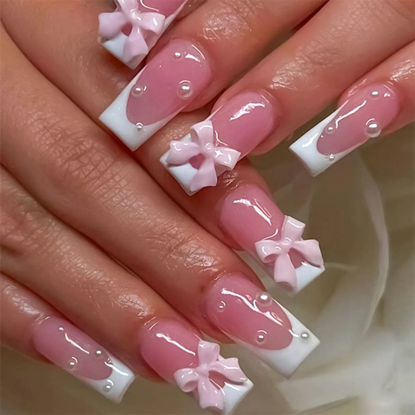 White French Press on Nails 3D Bowknot Fake Nails Tips Full Cover Wearable False Nails for Women and Girls DIY 24Pcs