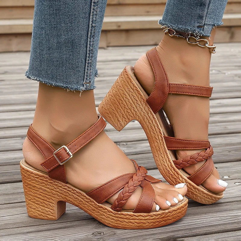 Women's Braided High Heels Sandals 2024 Summer Chunky Platform Gladiator Sandals