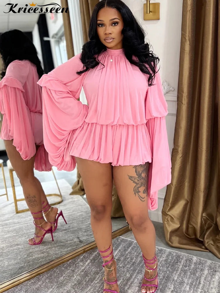Kricesseen Luxury Girl Sheer Mesh Ruched Playsuits Women's Sexy Ruffles Tierred Zipper Back Rompers Holiday Outfits Clubwear