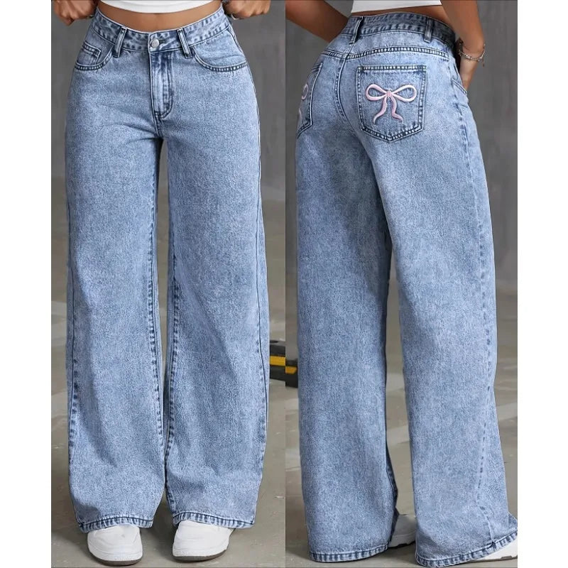 Wide Leg Jeans High waisted  Bow Embroidered Pocket Wide Leg Jeans  Fashionable ladies Trousers Casual Style