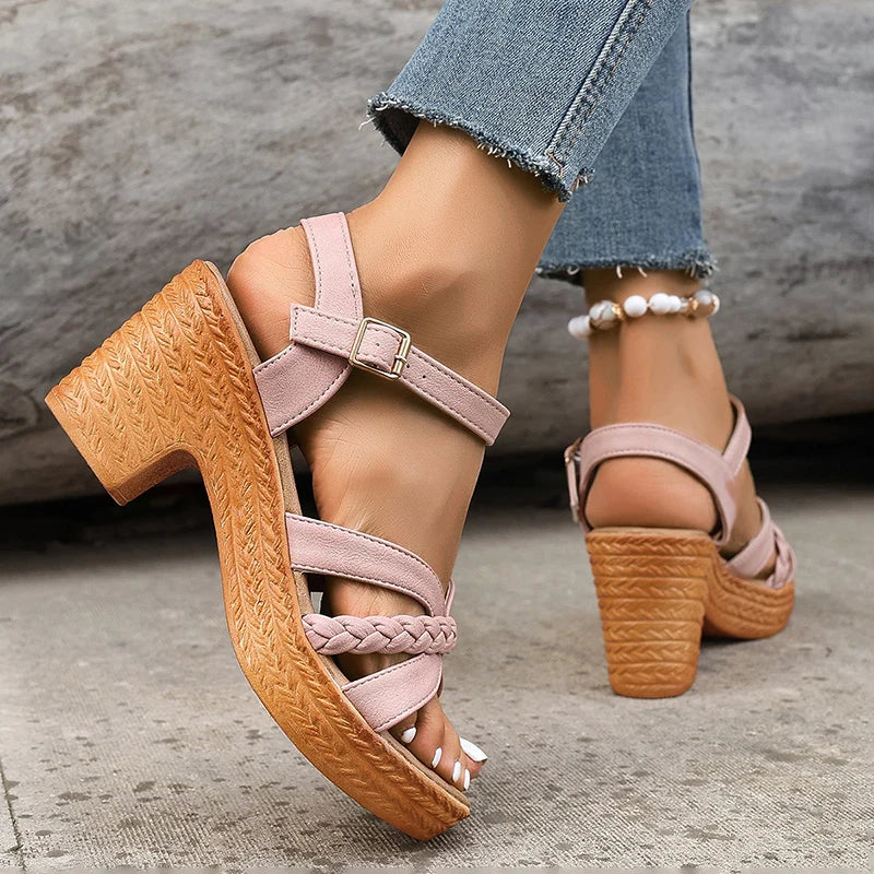 Women's Braided High Heels Sandals 2024 Summer Chunky Platform Gladiator Sandals