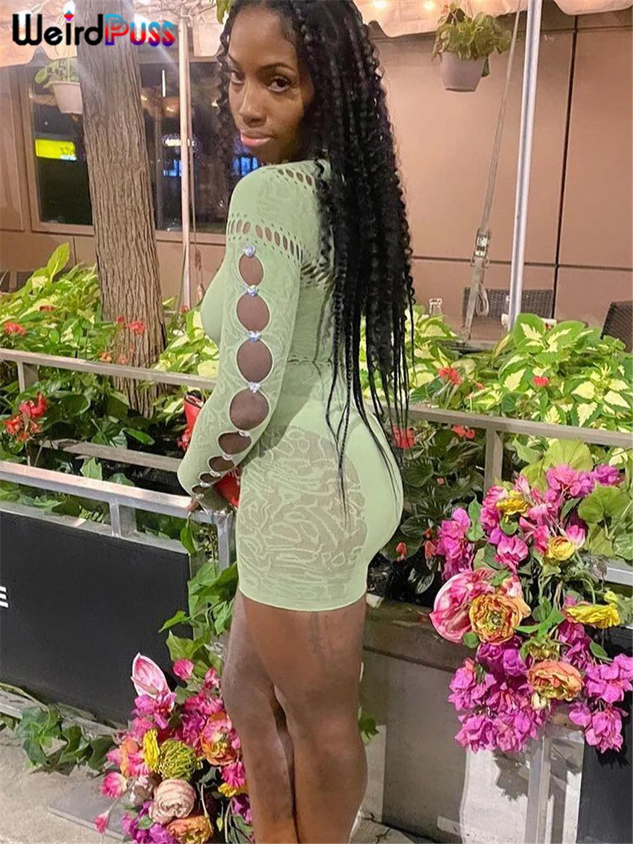 Weird Puss See Through Romper Women Sexy  Hollow Rhinestones Long Sleeve Skinny Irregular Off Shoulder Body-Shaping Playsuits