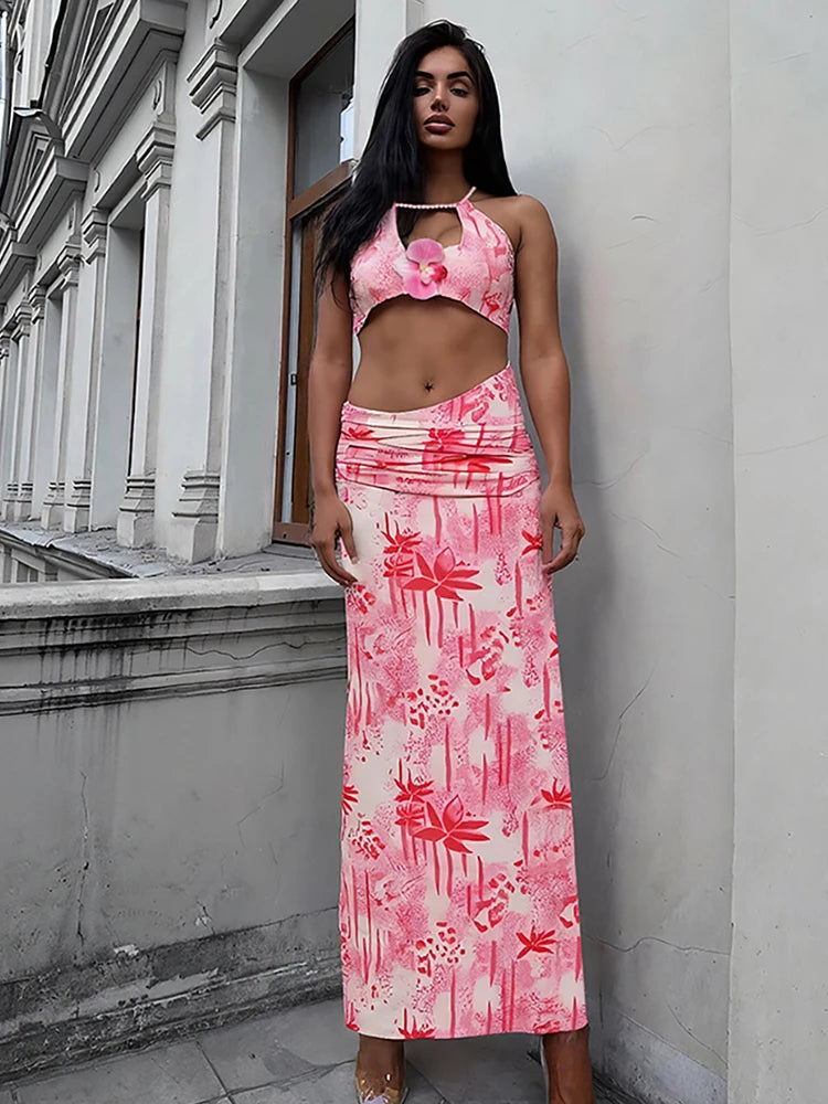 2 Piece Set Women Halter Applique Crop Tops+Skinny Skirts Vacation Beach Style Suit