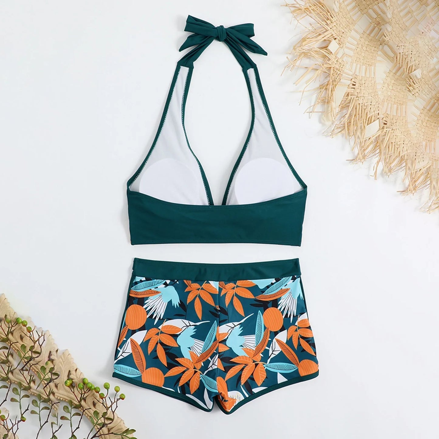 Shorts Bikinis Set  High Waist Swimsuit Women Swimwear  Plant Print Bathers Bathing Swim Suit Beachwear