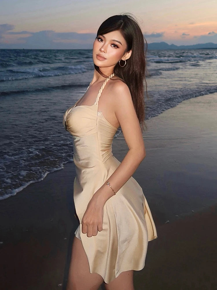 Weird Puss Shell Metal Satin Dress Women Y2K Plait Halter Sexy Low-Neck Irregular Backless Sleeveless Ruched Summer Mini Bodycon
