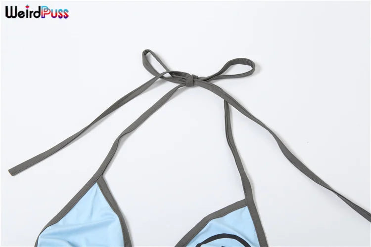 Weird Puss Letter Print 3Piece Set Women Sexy Summer Beach Vacation Bra+Bandage Briefs+Skirts Hipster Midnight Matching Clubwear