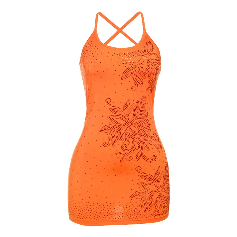 Weird Puss Flower Rhinestones Sexy Low-Neck Dress Women Cross Bandage Backless Fashion Vacation Beach Party Style Mini Bodycon