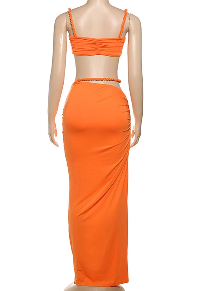 Kricesseen Women's Spaghetti Straps Tube Top And Matching Skirt Set Summer Bandage Two-Piece Dress Night Clubwear Vestidos
