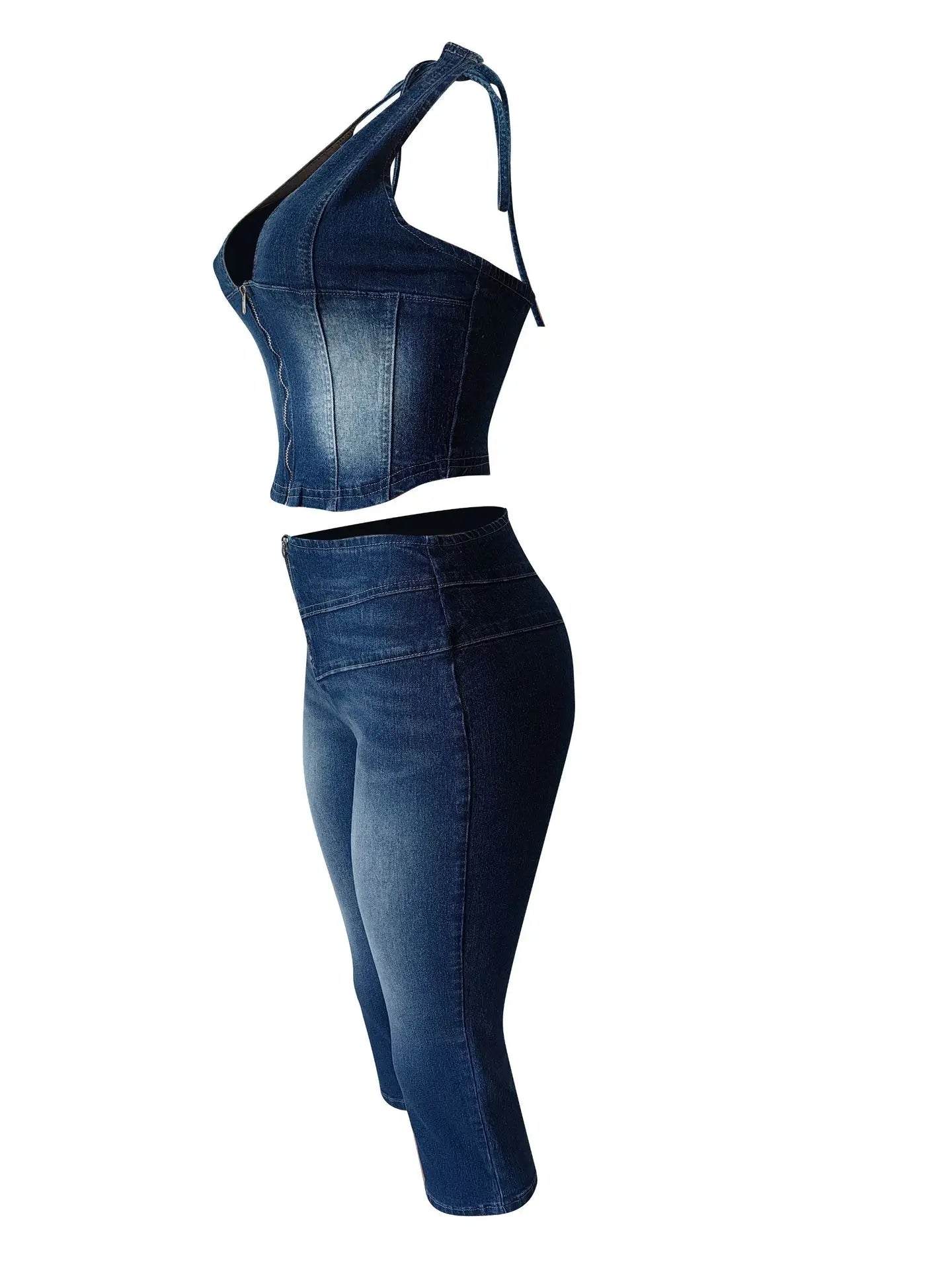 Blue Fashion jeans Halter Two Piece Sets Women Sleeveless, Backless Slim Crop Top And Skinny Jean Pants Outfits Streetwear