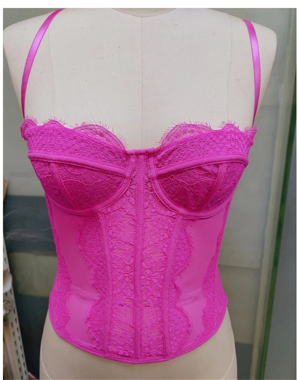 Sexy Lace Mesh Spaghetti Strap Open Back Boned Corset Women Summer Slim Lingerie Bodyshaper Bustier Camisole Halter Vest
