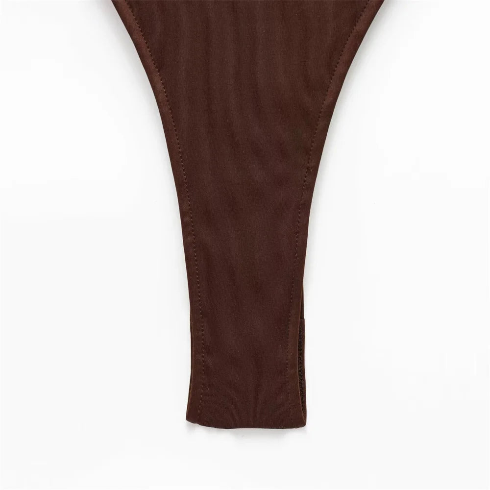 PB&ZA 2025 Women Off Shoulder whole Swimsuit with Decorative Buckle Stylish Black and Brown Design