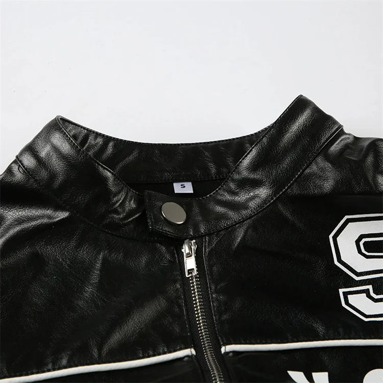 Weird Puss PU Patchwork Women Jacket Letter Print Hipster Button Zip Full Sleeve Trend Cool Street  Spring Outwear Crop Coat